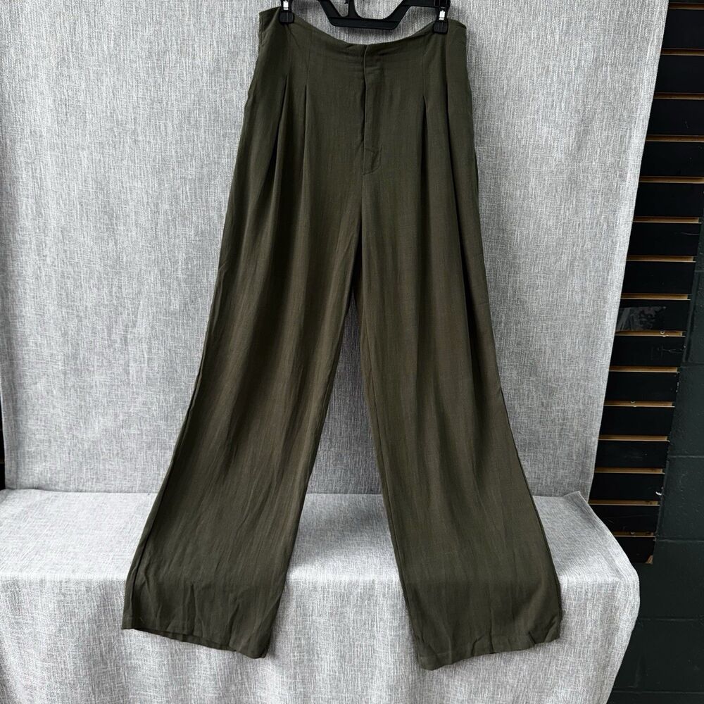 SHEIN Wide Leg Linen Blend Pants military green large High Rise Slant Pocket